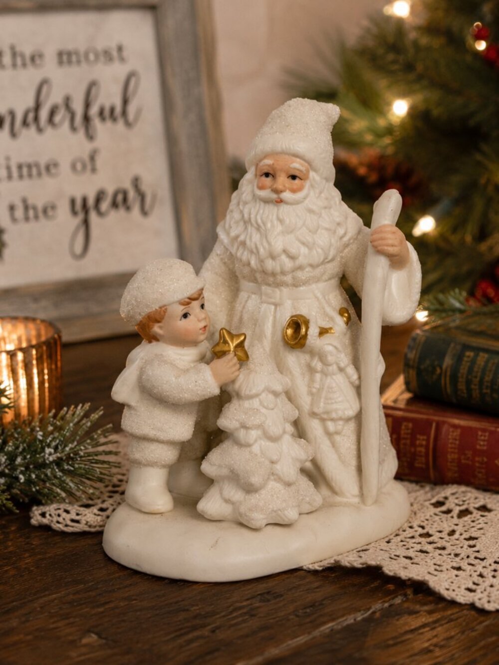Vintage HOMCO Santa & Child Christmas Figurine #3382 Father Christmas Glitter